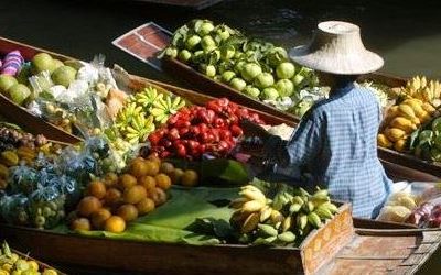 Schwimmender Markt mit Samphran Elefanten